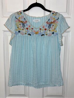 THML Sky Blue Embroidered V-Neck Flutter Sleeve Top
